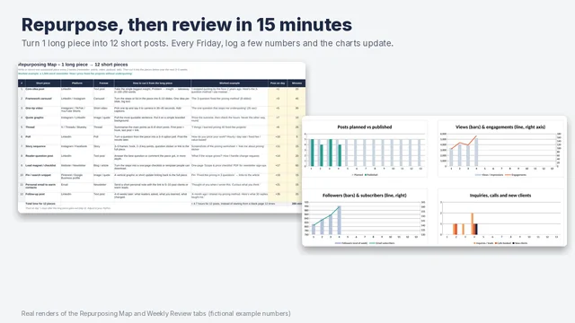 Repurposing Map turning one long piece into twelve short posts, and Weekly Review charts with fictional example numbers