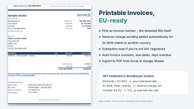 Printable A4 invoice template with reverse-charge note for an EU business client