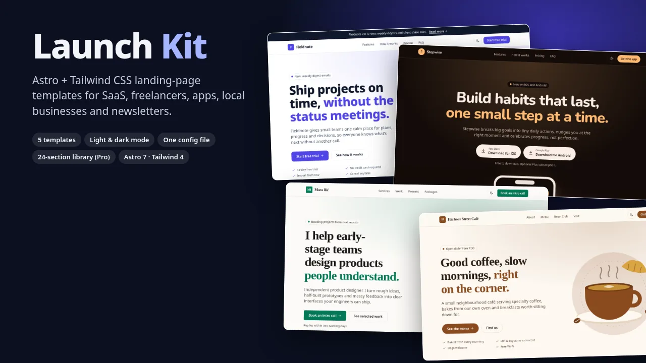 Launch Kit cover showing four landing page templates: SaaS, app, freelancer and café