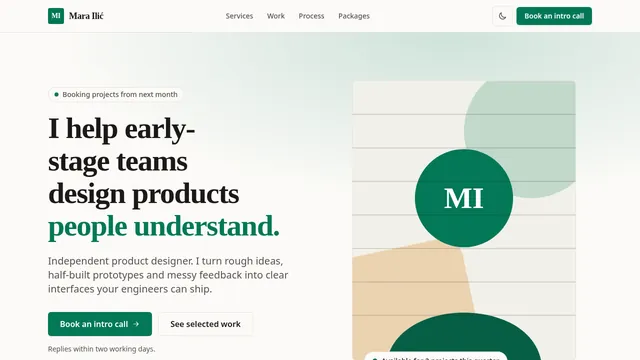 Launch Kit freelancer template: hero section of a product designer's landing page